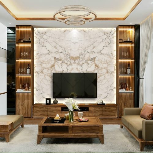 Vách tivi kết hợp tủ trang trí hiện đại