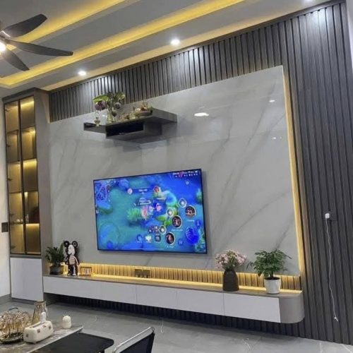 Vách tivi vân đá kết hợp tấm lam sóng