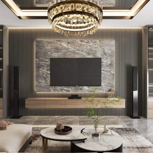 Vách tivi kết hợp tủ cánh kính hiện đại