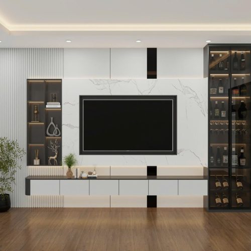 Vách tivi vân đá kết hợp tủ rượu