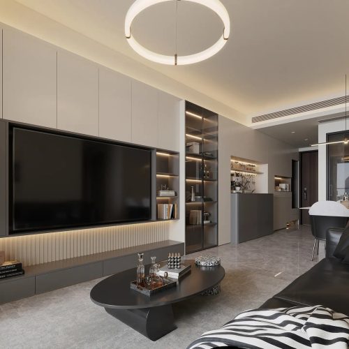 Vách tivi kết hợp tủ trang trí cánh kính VH05